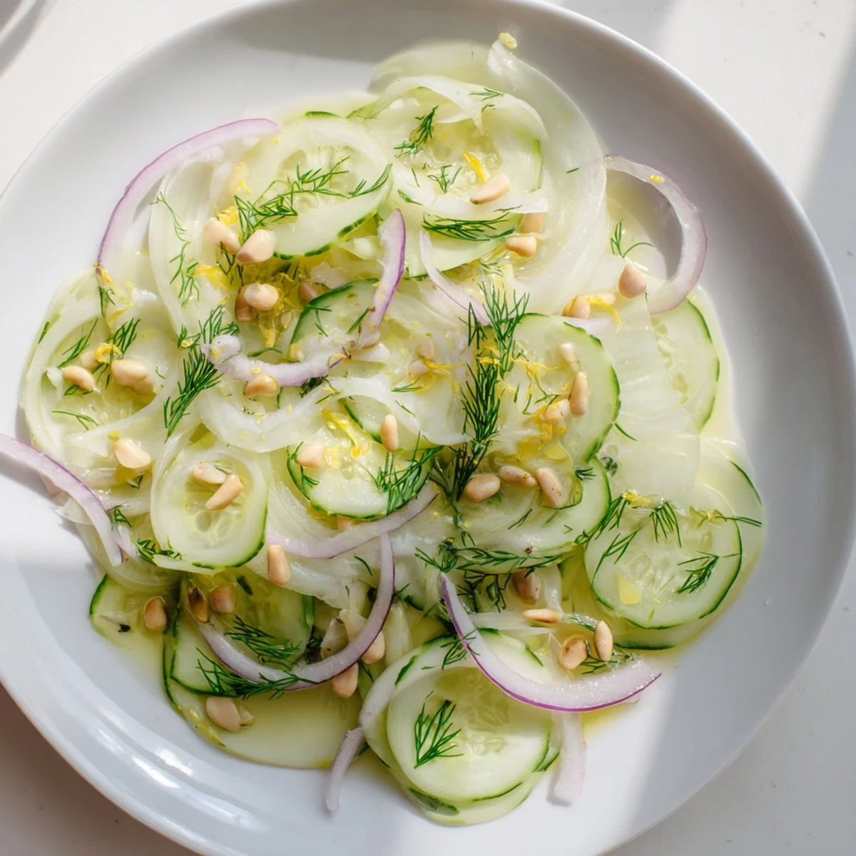 Colorful Mediterranean crisp fennel cucumber salad served with toasted pine nuts.