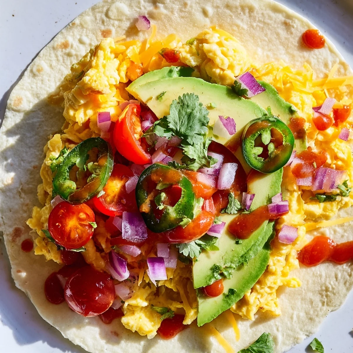 Fluffy scrambled eggs and fresh toppings wrapped in warm tortillas for this breakfast tacos recipe.  