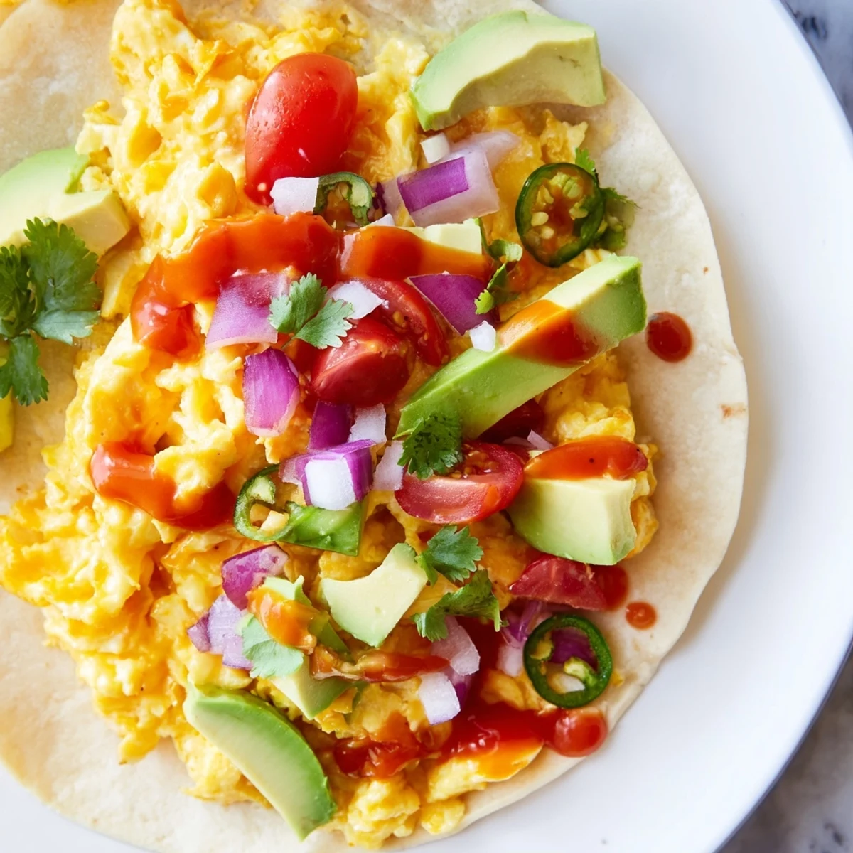 Colorful breakfast tacos recipe featuring avocado, cheese, and crisp vegetables in soft tortillas.  