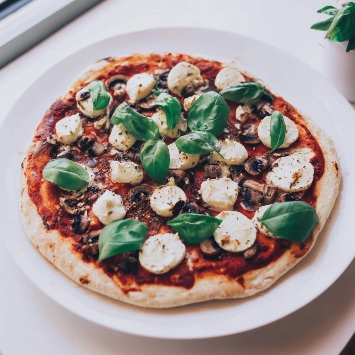 Golden homemade pizza bubbling with melted mozzarella and fresh basil.  