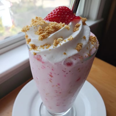 Pink strawberry cheesecake milkshake in a tall glass garnished with fresh strawberries