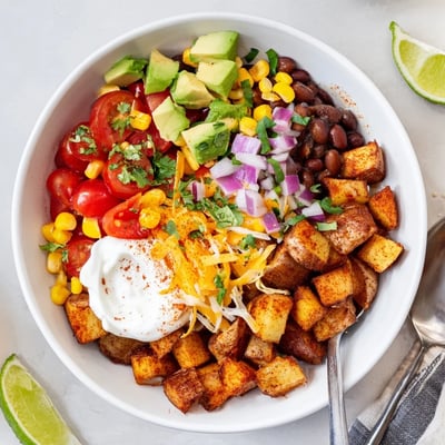 Crispy spiced potatoes layered with melted cheddar and vibrant veggies in these loaded fiesta potato bowls