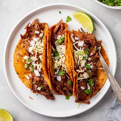 Golden birria tacos dipped in rich red consommé beside fresh lime wedges on a wooden board