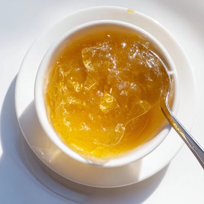 Warm homemade fresh dandelion jelly glistening in a sterilized half-pint canning jar
