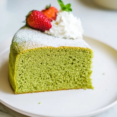 Vibrant green matcha cake served with fresh berries and a dollop of whipped cream