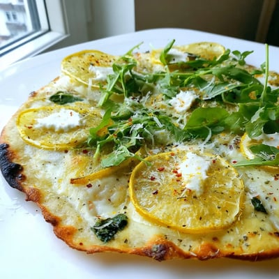 Golden baked summer lemon pizza sliced and served on a rustic wooden cutting board