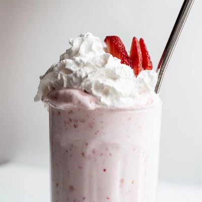 Thick pink strawberry milkshake in a frosted glass with a striped straw