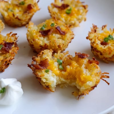 Mini muffin tin of cheesy loaded hashbrown bites with gooey cheese and green onions