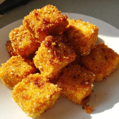 Close up of crunchy tofu fried chicken pieces on a white plate  