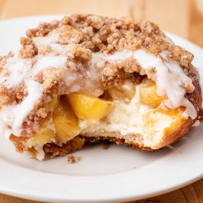 Fried peach cobbler cheesecake donuts filled with creamy cheesecake and sweet peaches.  
