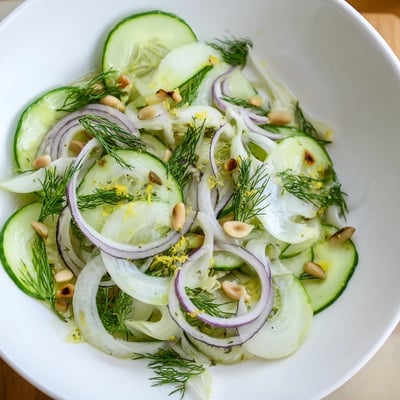Fresh fennel and cucumber salad topped with dill and lemon zest.  